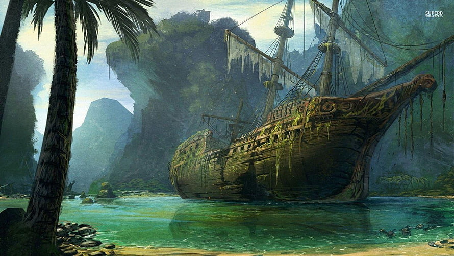 Abandoned Pirate Galleon Resting in a Lush Tropical Lagoon HD wallpaper