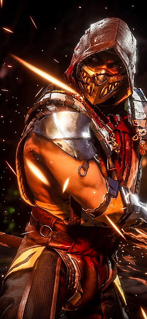 Scorpion from Mortal Kombat 11 in a dramatic fiery pose with glowing embers and dark background HD phone wallpaper