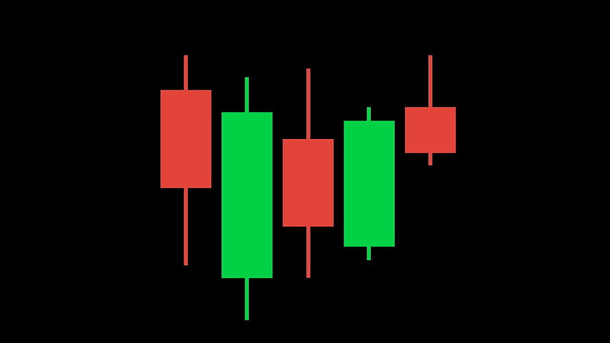 Minimalist Candlestick Chart with Red and Green Bars on Black Background HD wallpaper
