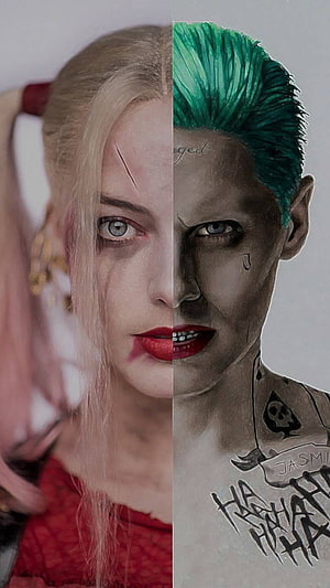 Split Face Portrait of Harley Quinn and Joker with Green Hair and Tattoos HD phone wallpaper