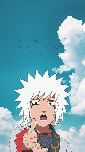 Jiraiya from Naruto pointing forward against a bright blue sky with clouds and birds HD phone wallpaper