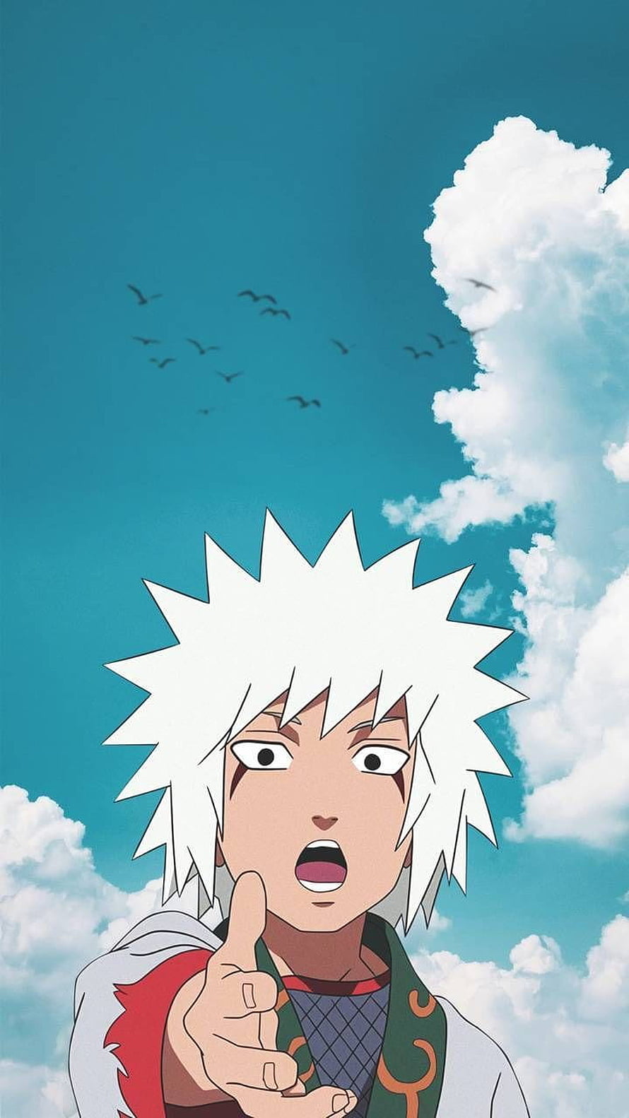 Jiraiya from Naruto pointing forward against a bright blue sky with clouds and birds HD phone wallpaper