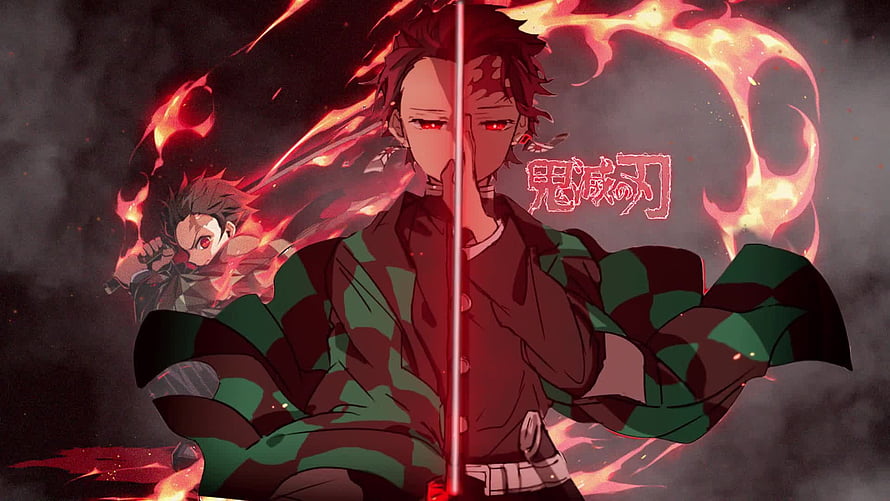 Demon Slayer Tanjiro Kamado Wielding Flame Katana in Intense Battle Scene HD wallpaper