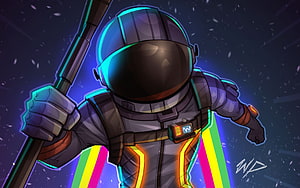 Stylized Astronaut with Neon RGB Accents and Pole in Cosmic Setting HD wallpaper