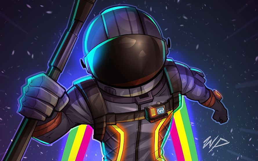 Stylized Astronaut with Neon RGB Accents and Pole in Cosmic Setting HD wallpaper