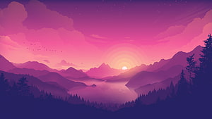 Pink Sunset Over Mountain Lake with Pine Forest Silhouette in Minimalist Vector Landscape Art HD wallpaper