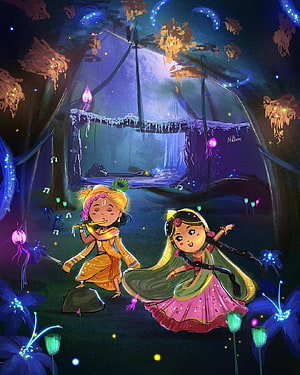 Radha Krishna Playing Flute and Dancing in a Magical Enchanted Forest at Night HD phone wallpaper