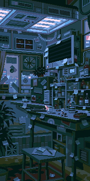Cozy Pixel Art Bedroom Interior with Desk, Monitor, and City View at Night HD phone wallpaper