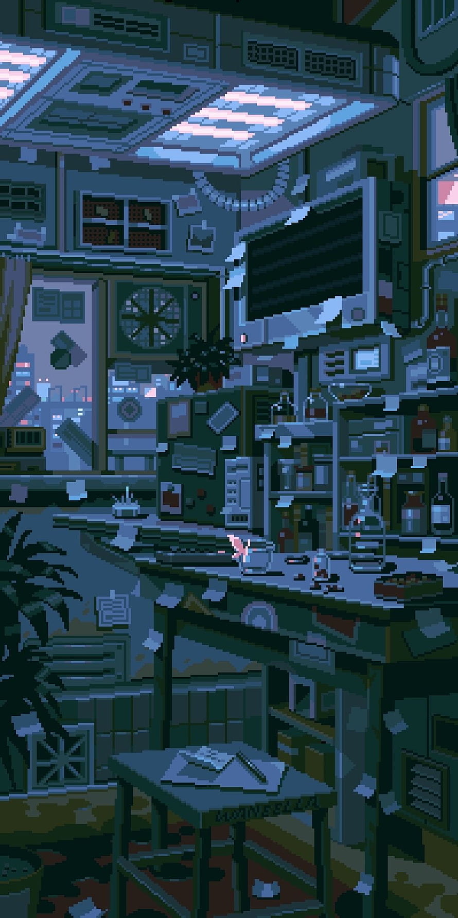 Cozy Pixel Art Bedroom Interior with Desk, Monitor, and City View at Night HD phone wallpaper