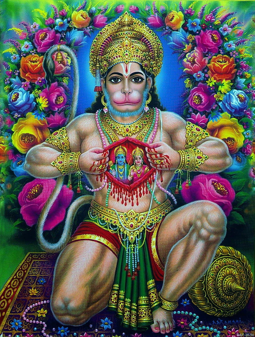 Hanuman Ji Devotional Artwork with Sita Rama Portrait and Vibrant Floral Background HD phone wallpaper