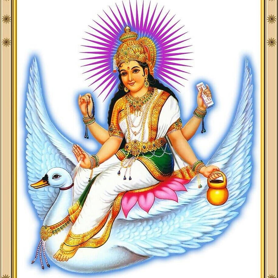 Maa Brahmani Deity Riding White Swan with Lotus and Golden Pot HD phone wallpaper