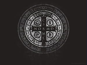St. Benedict Medal with Cross and Sacred Monogram on Dark Background HD wallpaper