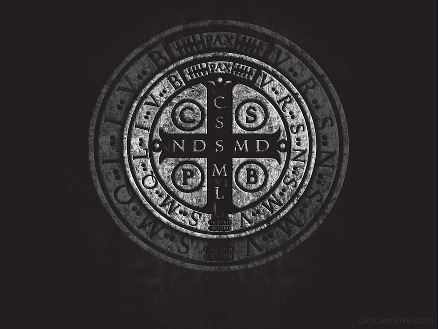 St. Benedict Medal with Cross and Sacred Monogram on Dark Background HD wallpaper