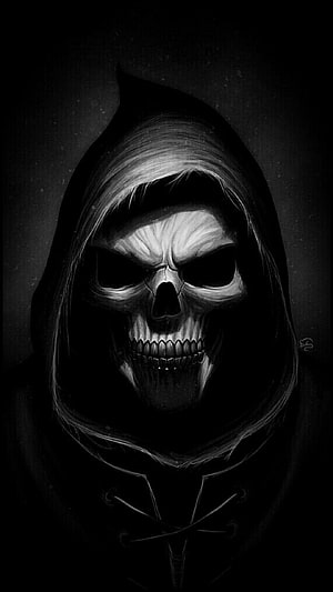Dark Hooded Skull Portrait in Monochrome Horror Illustration Style HD phone wallpaper