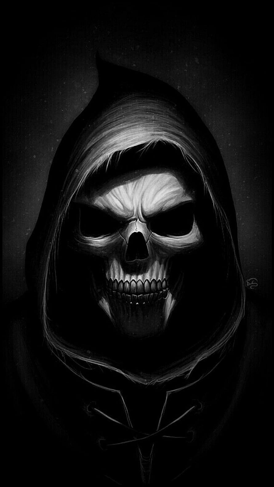 Dark Hooded Skull Portrait in Monochrome Horror Illustration Style HD phone wallpaper