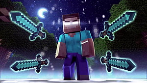 Minecraft Herobrine Standing With Glowing Diamond Swords Under a Starry Night Sky HD wallpaper
