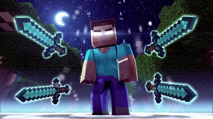 Minecraft Herobrine Standing With Glowing Diamond Swords Under a Starry Night Sky HD wallpaper