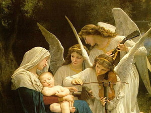 Mother Mary and Infant Jesus Surrounded by Angels Playing Violin and Guitar HD wallpaper