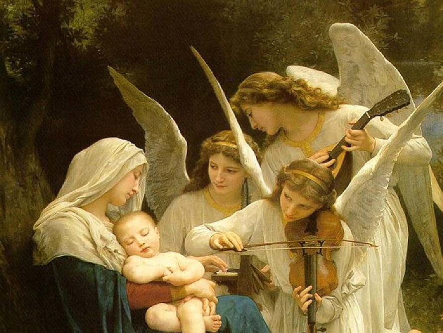 Mother Mary and Infant Jesus Surrounded by Angels Playing Violin and Guitar HD wallpaper