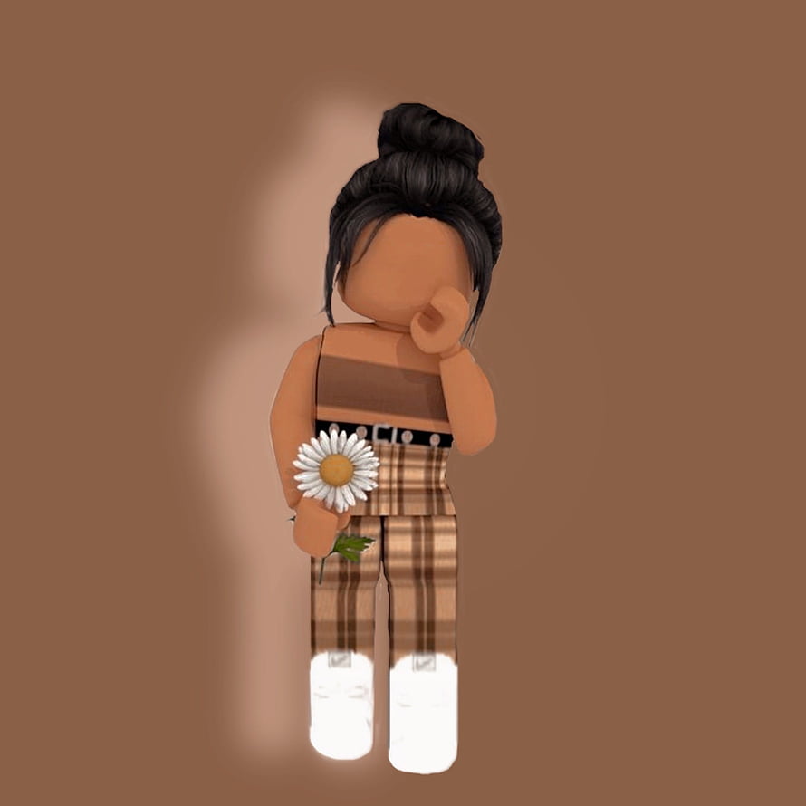 Roblox Avatar in Plaid Overalls Holding a White Daisy Against a Warm Brown Background HD phone wallpaper