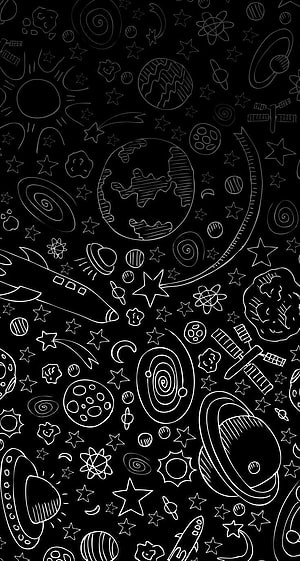 Hand-drawn space doodle pattern with planets, rockets, and stars on black background HD phone wallpaper