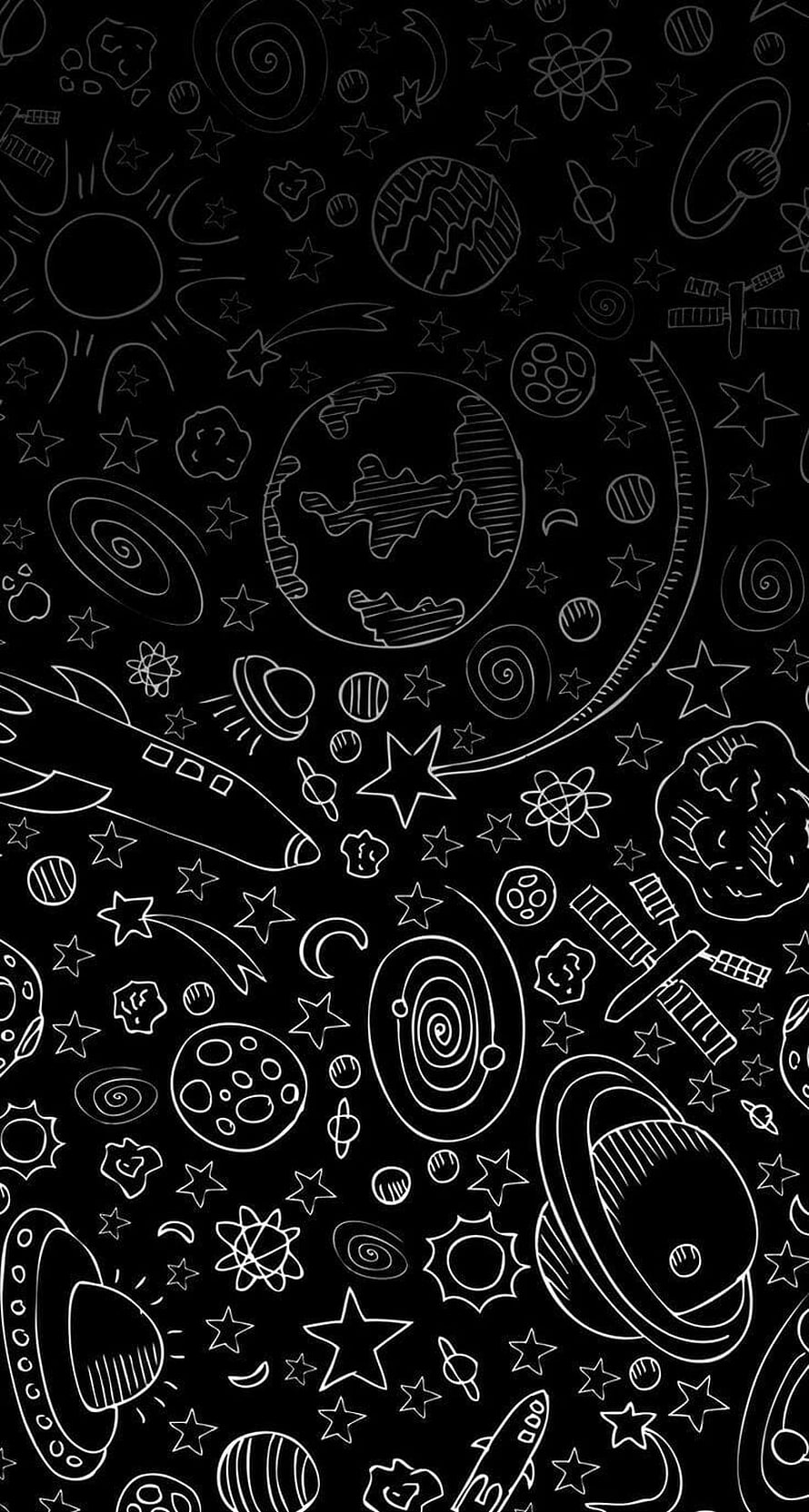 Hand-drawn space doodle pattern with planets, rockets, and stars on black background HD phone wallpaper