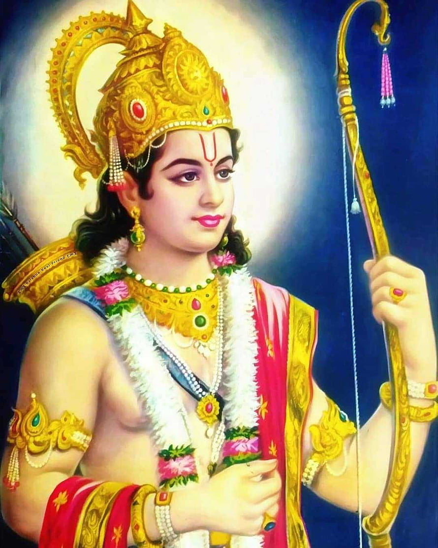 Lord Shri Ram Portrait with Golden Bow and Ornate Crown HD phone wallpaper