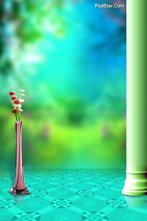 Elegant Pink Vase with Red and White Flowers on Teal Patterned Floor Against Blurred Green Background HD phone wallpaper