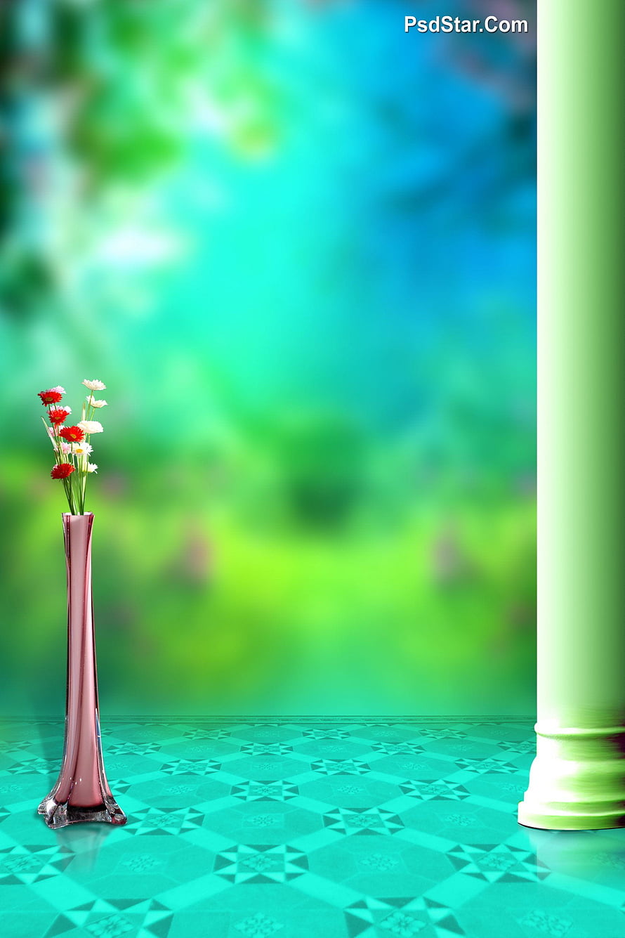 Elegant Pink Vase with Red and White Flowers on Teal Patterned Floor Against Blurred Green Background HD phone wallpaper