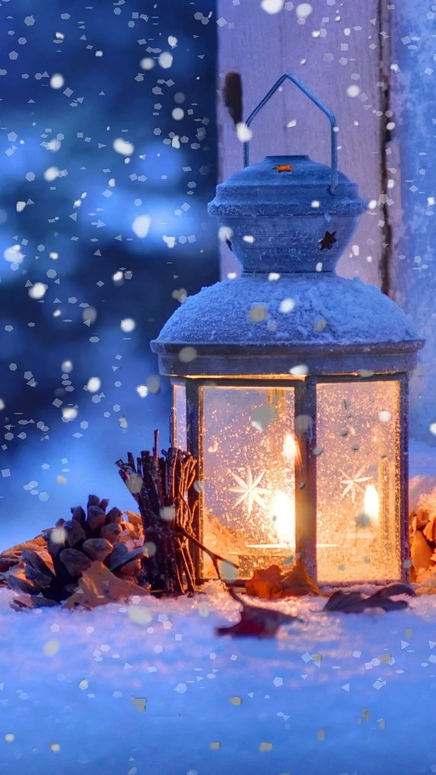 Cozy Christmas Lantern with Pinecones and Twigs in Falling Snow HD phone wallpaper