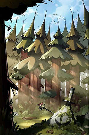 Gravity Falls Forest Scene with Mossy Stone and Small Bird HD phone wallpaper