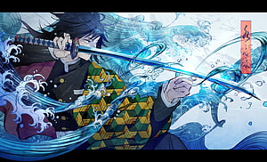 Tomioka Giyuu Wielding Water Breathing Sword in Dynamic Demon Slayer Anime Art HD wallpaper