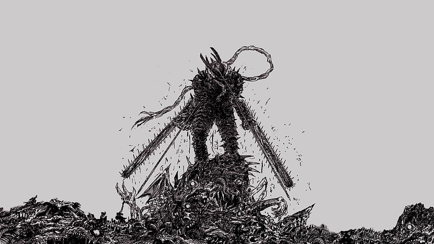 Chainsaw Man Fiend Monster Rising from Dark Debris in Black and White Ink Illustration HD wallpaper