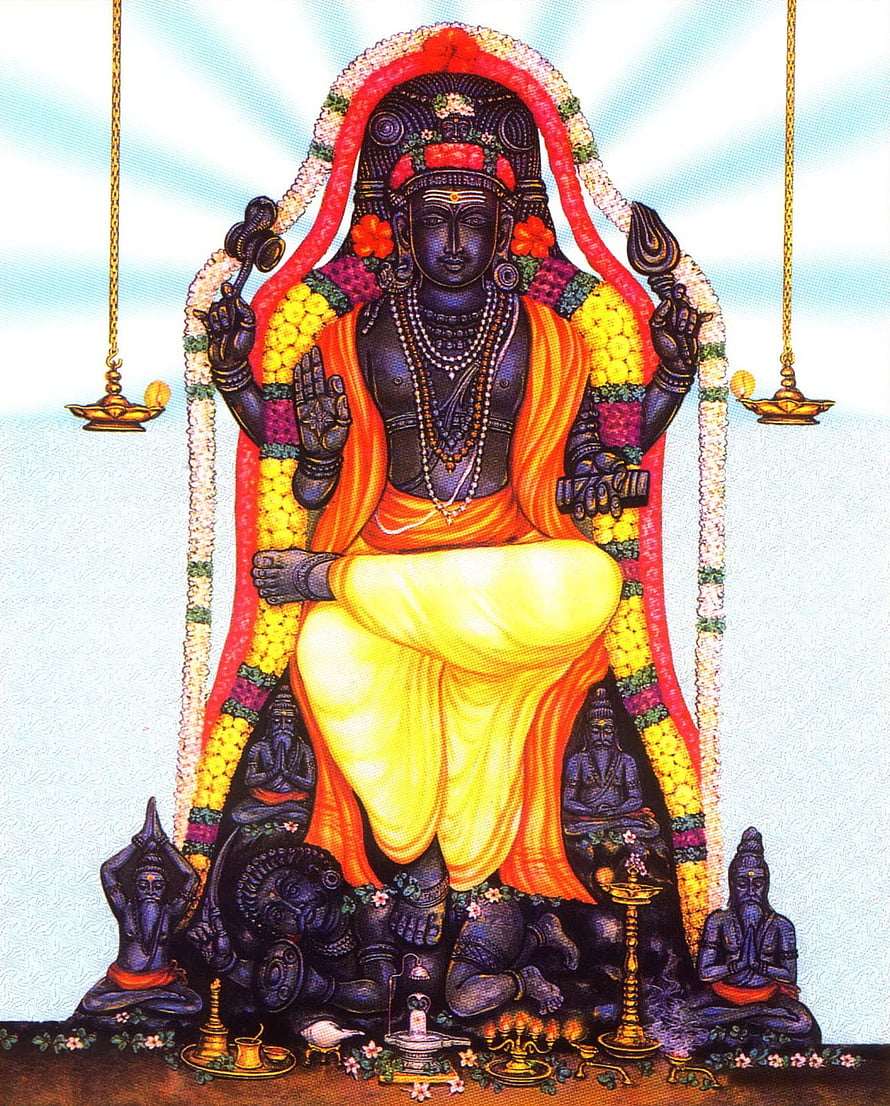Dakshinamurthy Hindu Deity Illustration with Four Disciples and Sacred Offerings HD phone wallpaper