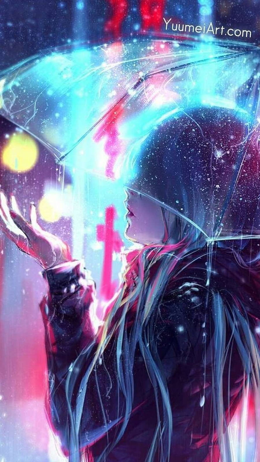 Anime Girl Holding Glowing Umbrella in Neon Rain HD phone wallpaper