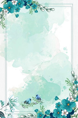 Elegant Chinese Watercolor Floral Border with Blue Birds and Teal Blossoms HD phone wallpaper