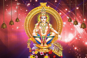 Lord Ayyappa Seated on Golden Throne with Brass Bells and Diya Lamps HD wallpaper