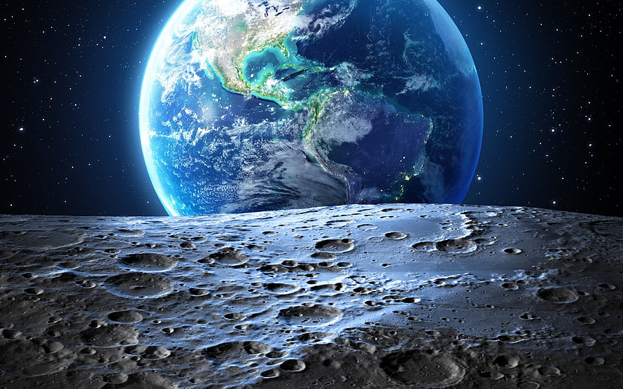 Earth Rising Over the Moon's Cratered Surface in Deep Space HD wallpaper