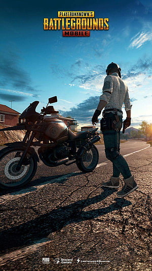 PUBG Mobile Soldier Standing Beside Motorcycle on Rural Road at Sunset HD phone wallpaper