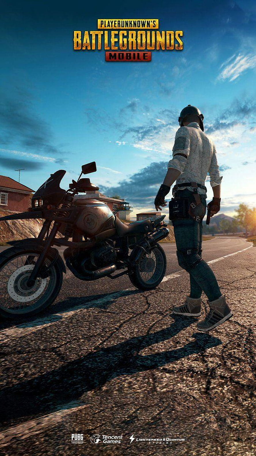PUBG Mobile Soldier Standing Beside Motorcycle on Rural Road at Sunset HD phone wallpaper