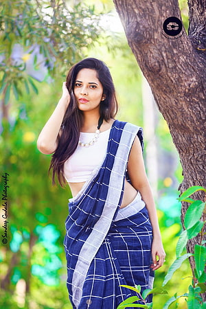 Anasuya Bharadwaj in a Blue Checkered Saree Posed Under a Tree in a Lush Green Garden HD phone wallpaper