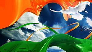 Vibrant 3D Indian Independence Day Celebration with Flying Doves and Flowing Tricolor Ribbons HD wallpaper