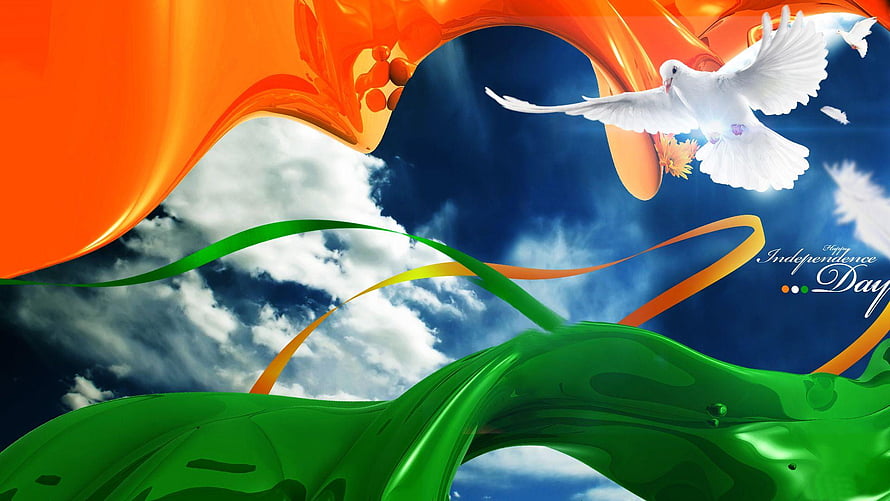 Vibrant 3D Indian Independence Day Celebration with Flying Doves and Flowing Tricolor Ribbons HD wallpaper