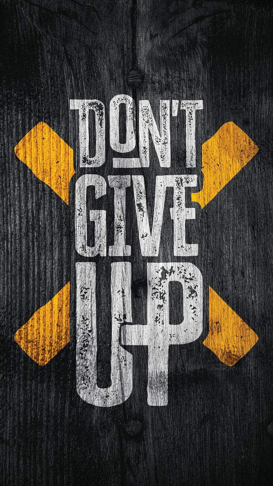 Inspirational Don't Give Up Typography on Dark Wood with Yellow Cross Accent HD phone wallpaper