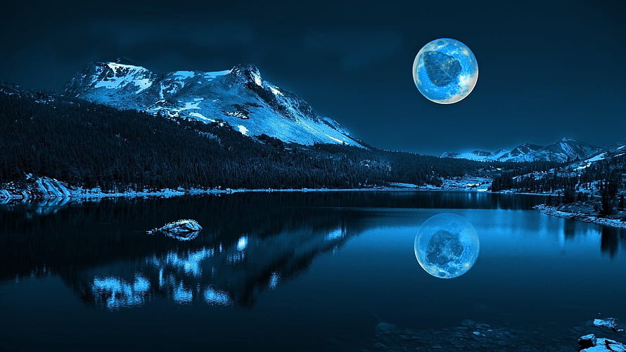 Full Moon Over Snow-Capped Mountains and a Calm Alpine Lake at Night HD wallpaper