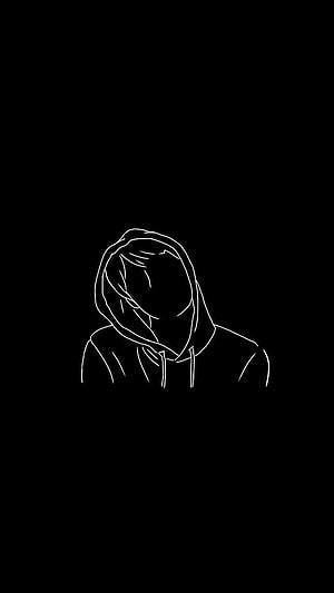 Minimalist White Line Art of a Hooded Figure on Black Background HD phone wallpaper