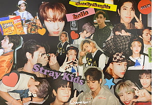 Stray Kids Aesthetic Collage with Retro Stickers and Polaroid Photos HD wallpaper