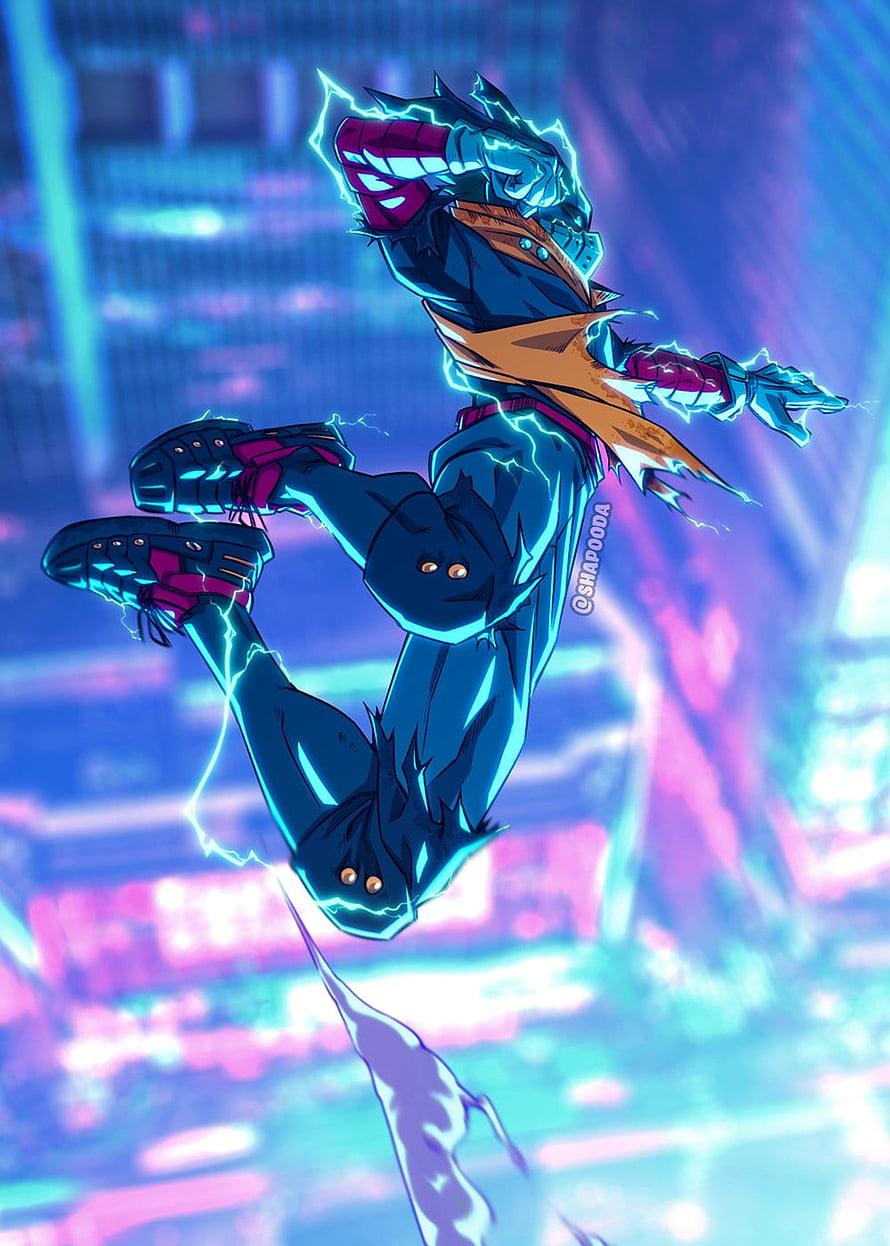 Deku Mid-Air Action Pose with Electric Energy in Neon Cyberpunk Cityscape HD phone wallpaper
