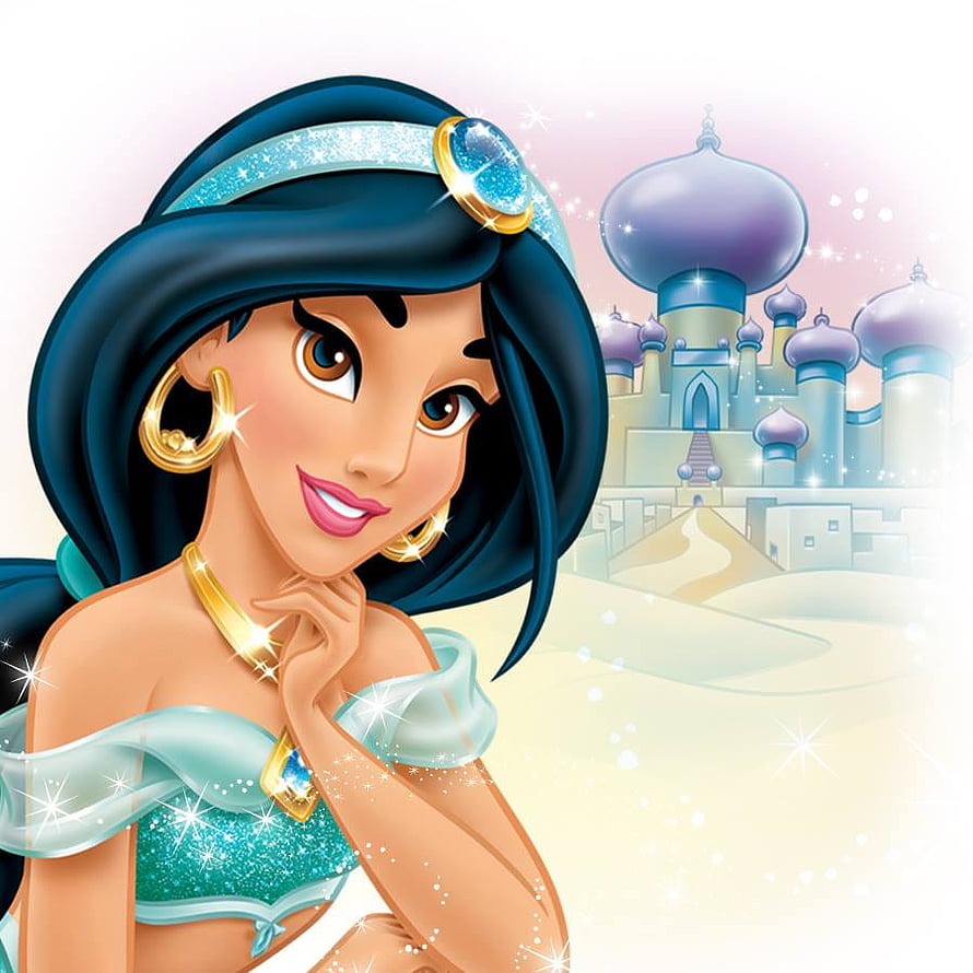 Disney Princess Jasmine in Sparkling Teal Attire with Agrabah Palace in the Background HD phone wallpaper