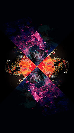 Vibrant Abstract X Cross Design with Neon Pink and Orange Paint Splatters on Black Background HD phone wallpaper